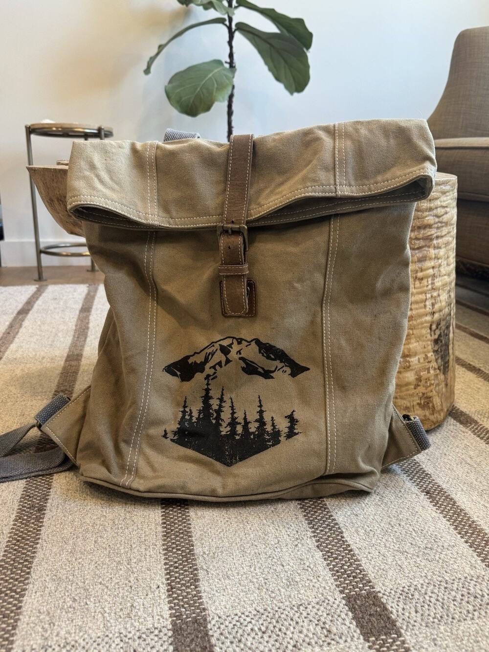 Handmade Canvas Roll top Backpack Leather Alaska Mountains Takenya Rosetta Brown